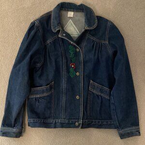 VTG 80s Silver Unicorn Floral Embroidered Jean Jacket Puff Sleeve COTTAGECORE